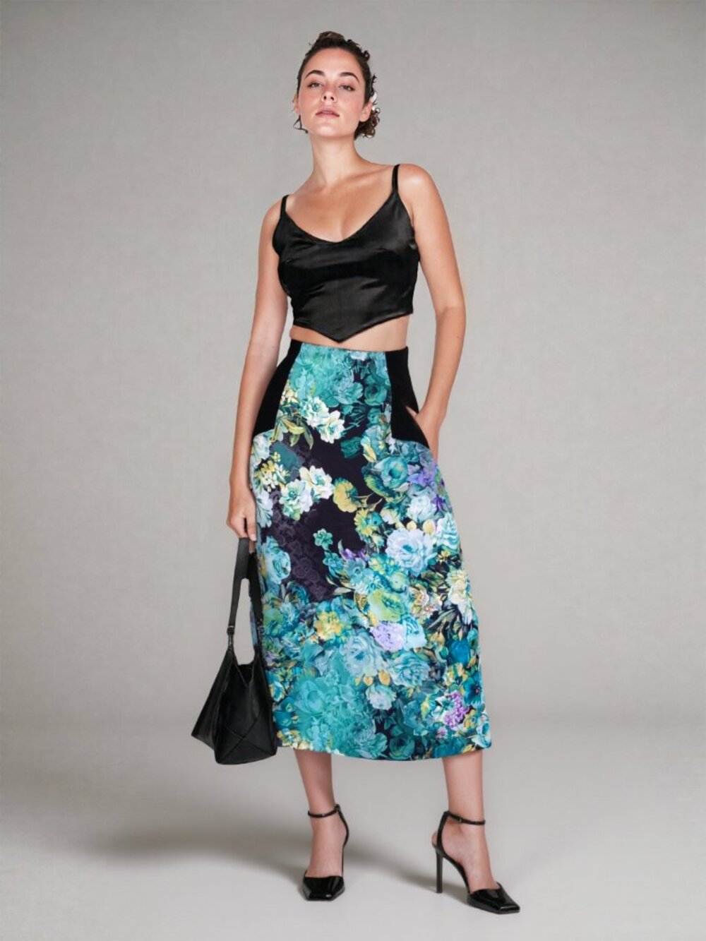 ECI New York Black and Teal Floral Pencil Skirt